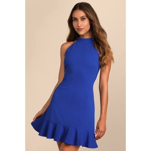 Lulu's Women's All About Dancing Halter Ruffled Dress Royal Blue Size XL NWT - Picture 1 of 9